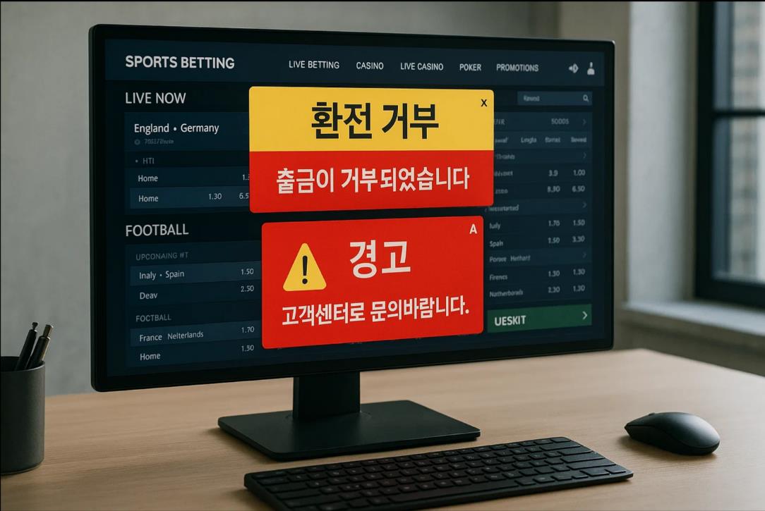 뉴스 보도용 먹튀사이트 스크린샷, 모니터에 베팅사이트와 환전거부·경고 팝업이 떠 있음