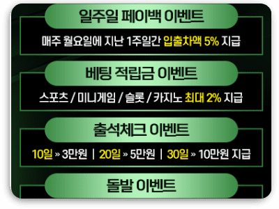 2025 안전놀이터 추천 TOP 33 검증된 무사고 메이저사이트 순위 안전놀이터 사이다벳의 이벤트 목록 입니다.